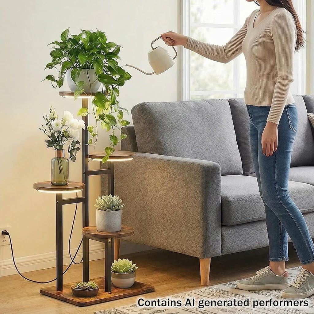 4 Tier Plant Stand Indoor with Grow Light, Tiered Plant Stands for Indoor Plants Multiple, Corner Flower Stand for Living Room, Multi-Layer Vintage Design Plant Shelf