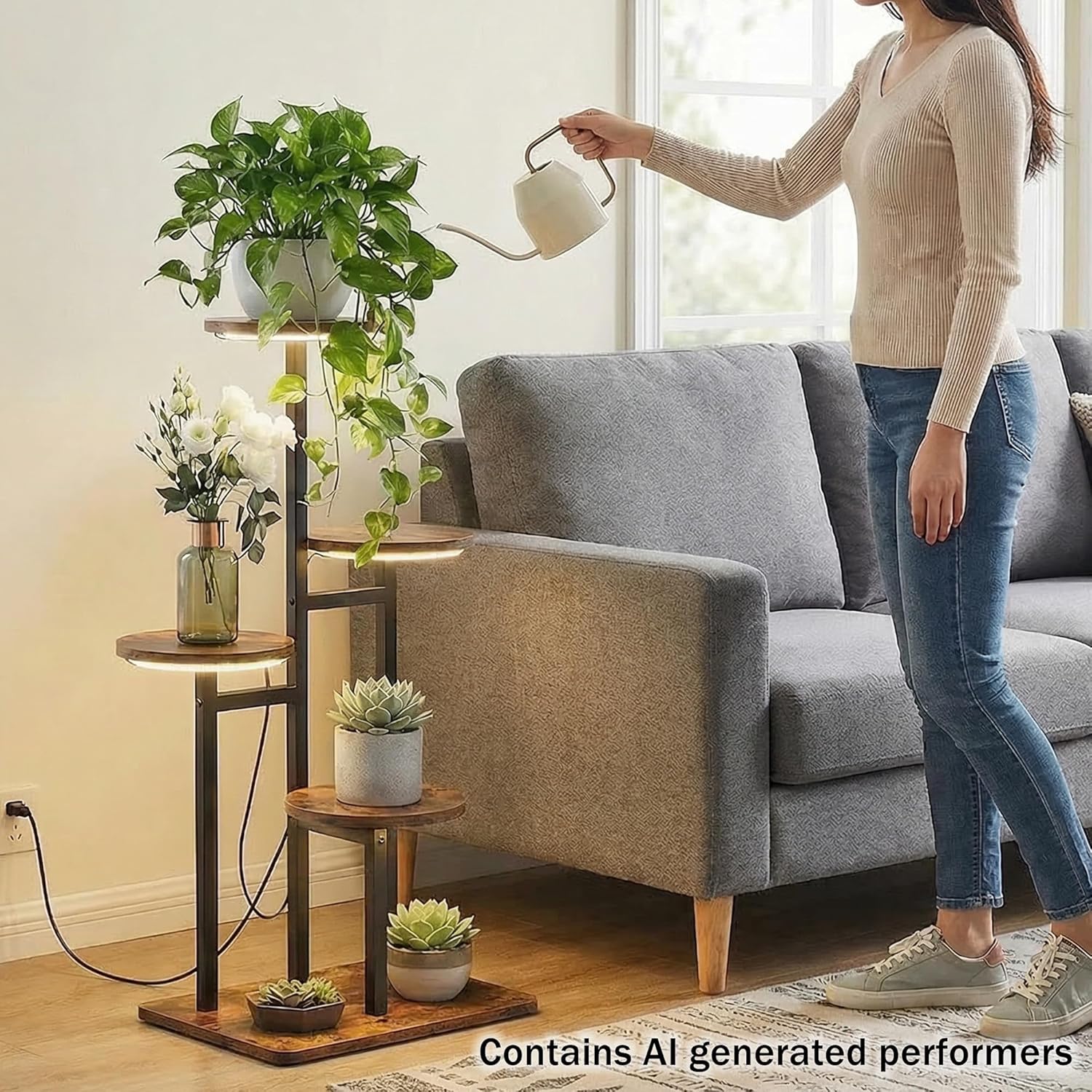 4 Tier Plant Stand Indoor with Grow Light, Tiered Plant Stands for Indoor Plants Multiple, Corner Flower Stand for Living Room, Multi-Layer Vintage Design Plant Shelf