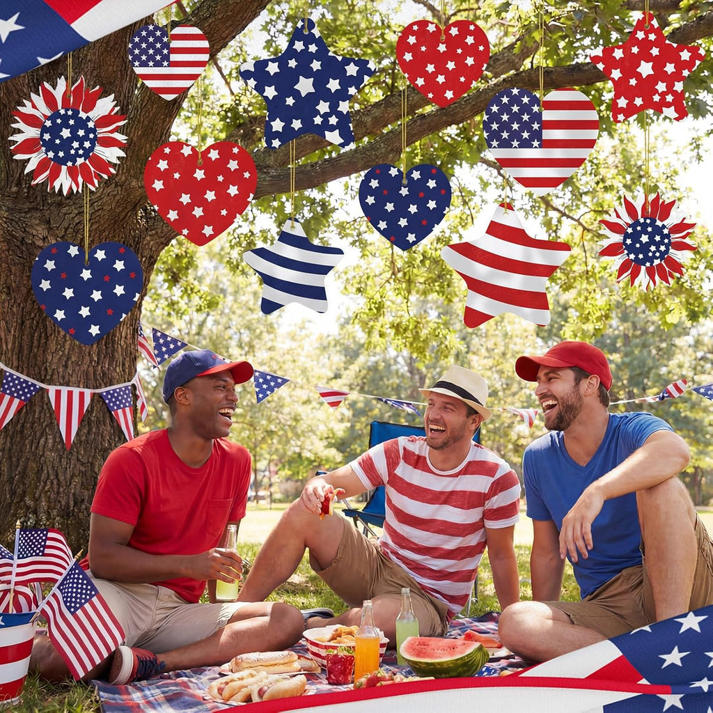 RattanView 12 Pcs Large Outdoor 4th of July Hanging Decor Patriotic Tree Ornaments 12'' and 10'' Red White Blue Plastic Tags with String Lawn Yard Garden for Independence Day 250th Anniversary Decor