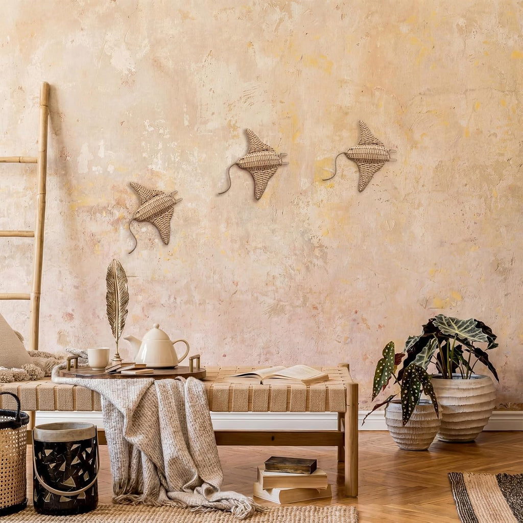Xuhal 3 Pcs Wicker Sea Wall Decor Large Manta Ray Hanging Decor 12 Inch Handmade Coastal Wall Art for Underwater World Wicker Nautical Sculpture Beach Ocean Boho Bathroom Indoor Outdoor Ornament