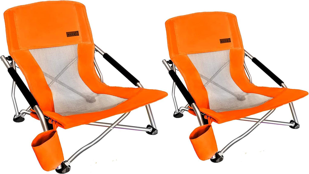 Nice C Low Beach Camping Folding Chair, Compact Backpacking River Sand Chair,Sillas De Playa, with Cup Holder, Carry Bag, Heavy Duty Outdoor, Camping, Beach, Travel, Picnic, Festival (2 Pack Orange)