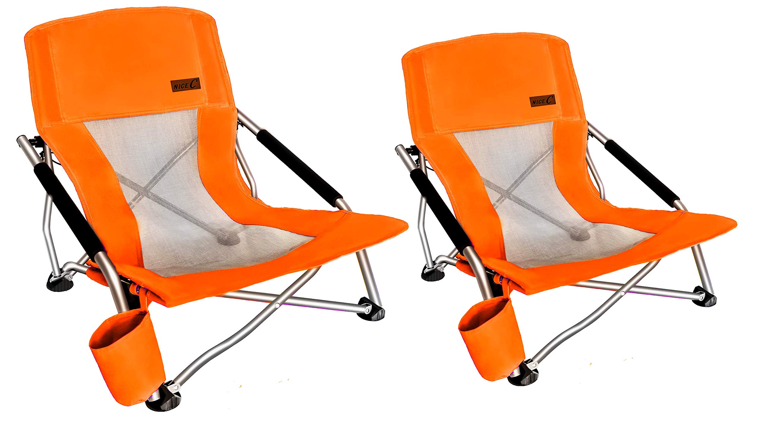 Nice C Low Beach Camping Folding Chair, Compact Backpacking River Sand Chair,Sillas De Playa, with Cup Holder, Carry Bag, Heavy Duty Outdoor, Camping, Beach, Travel, Picnic, Festival (2 Pack Orange)
