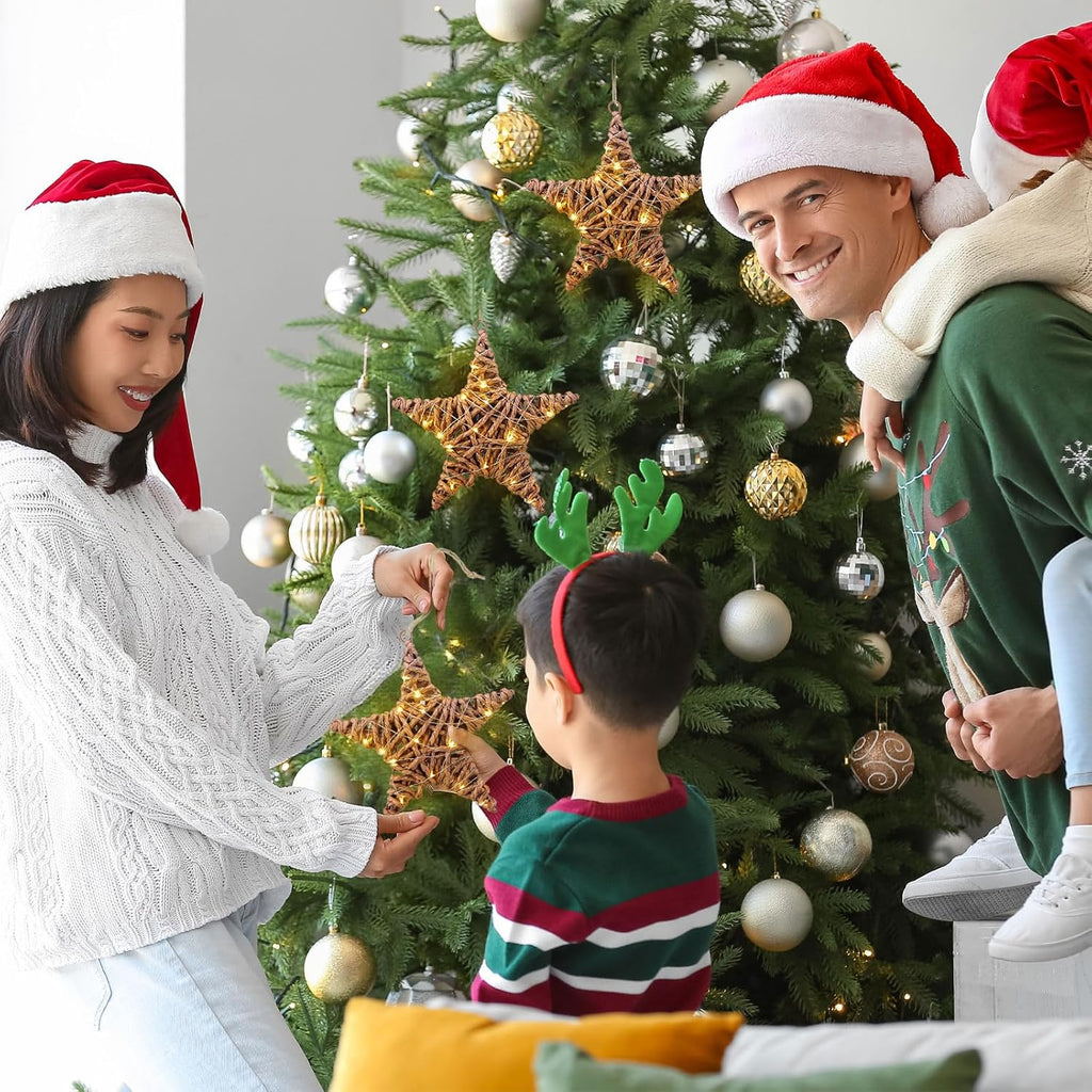 AceOrbit 3 Pack Christmas Rattan Star Ornaments Rattan Star with LED Lighted Hanging Tree Ornaments Natural Brown Table Centerpiece for Xmas Tree Party Wedding Pentagram Home Decoration, 7.87 Inch