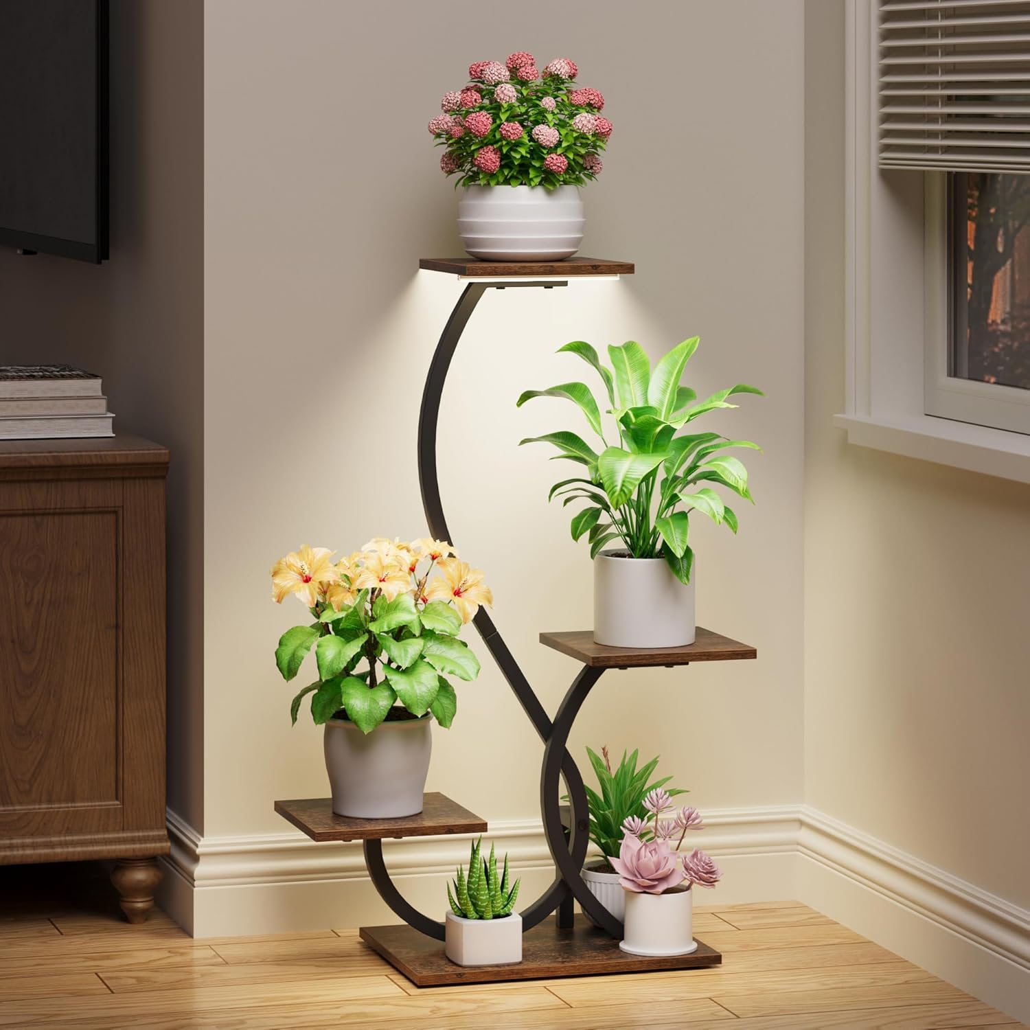 BACEKOLL Plant Stand Indoor with Grow Lights - S-Shaped Plant Shelf, Lighted Corner Plant Stands for Indoor Growing, 32" Metal Flower Holder, 4 Tiered Decorative Shelves for Home, Hallway, Black