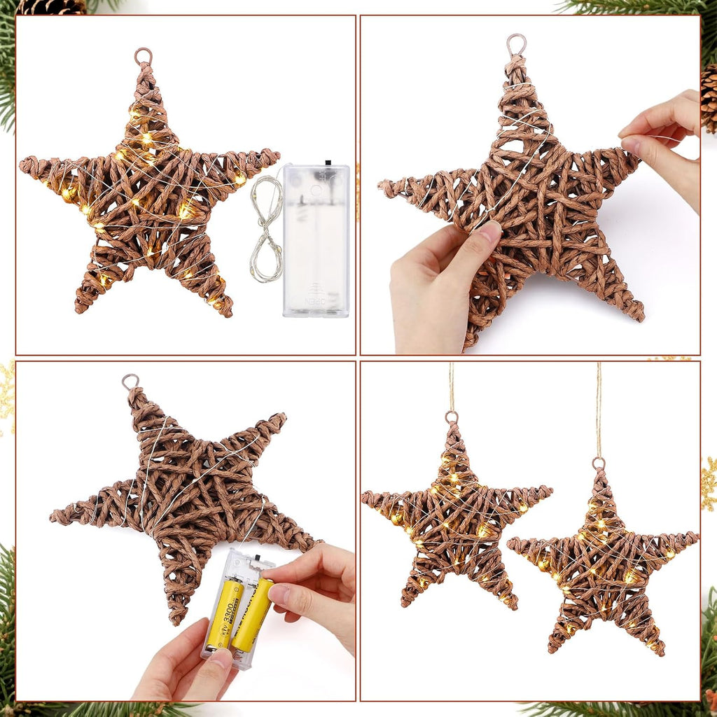 AceOrbit 3 Pack Christmas Rattan Star Ornaments Rattan Star with LED Lighted Hanging Tree Ornaments Natural Brown Table Centerpiece for Xmas Tree Party Wedding Pentagram Home Decoration, 7.87 Inch