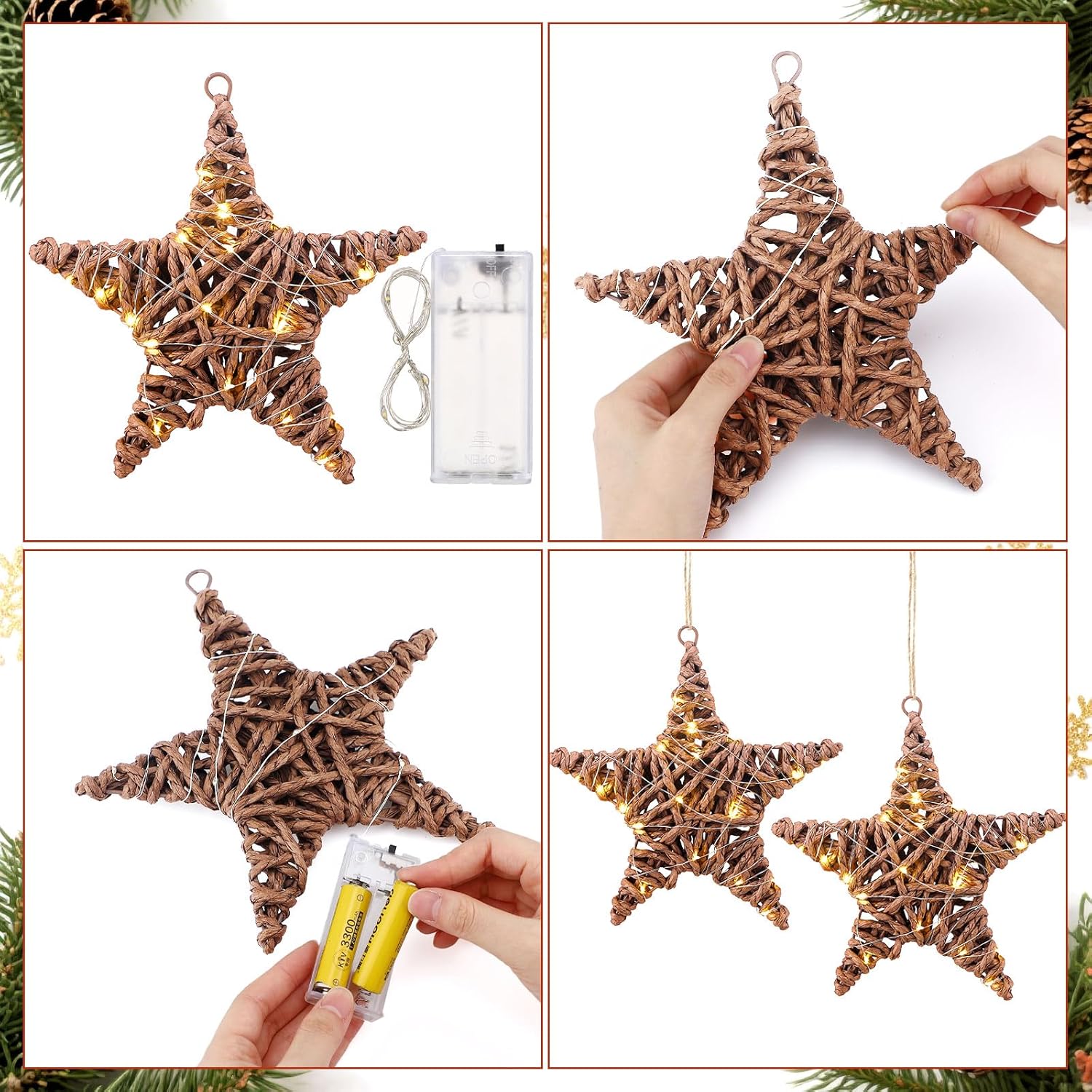 AceOrbit 3 Pack Christmas Rattan Star Ornaments Rattan Star with LED Lighted Hanging Tree Ornaments Natural Brown Table Centerpiece for Xmas Tree Party Wedding Pentagram Home Decoration, 7.87 Inch