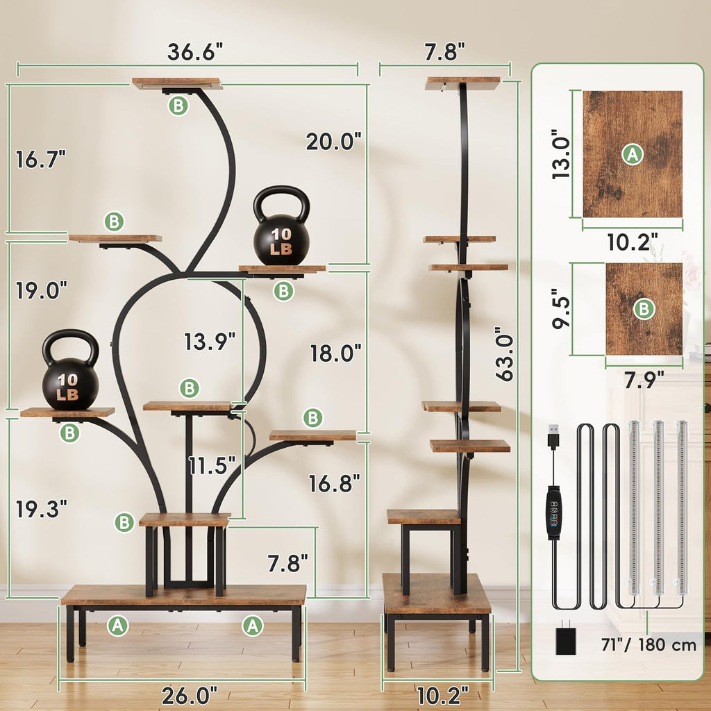 POZILAN 9-Tier Tall Plant Stand Indoor with Grow Lights, Metal & Wood Corner Plant Shelf for Living Room Balcony, 63" Tiered Display Rack for Heavy Pots, S-Shaped Modern Flower Holder, Black