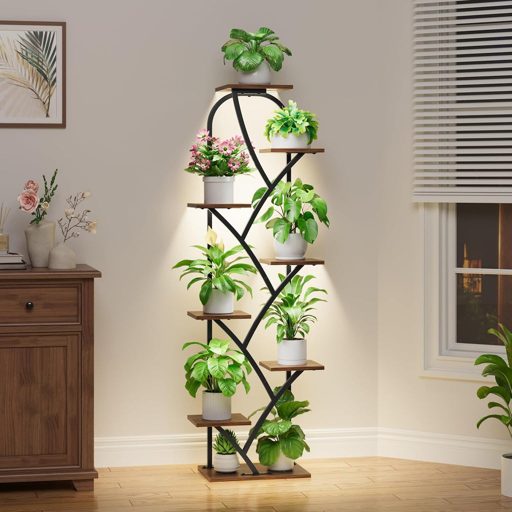 Plant Stand Indoor With Grow Lights - Tall Plant Stand For Indoor Plants, 59.5" Lighted Corner Plant Shelf Indoor, 8 Tiered Flower Holder, Dsiplay Rack For Living Room, Hallway, Home