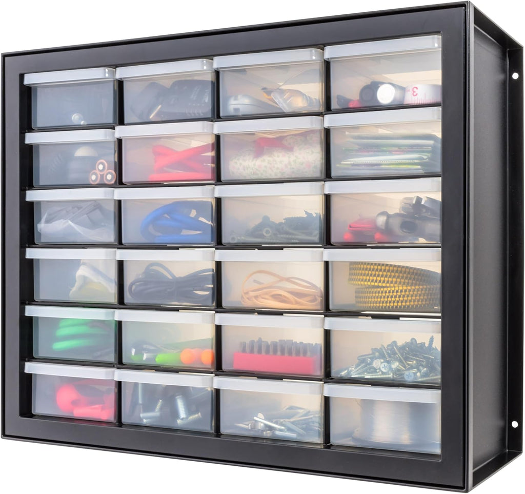 Black 24-Drawer Plastic Storage Organizer Made in USA for Tools Crafts Bricks Small Business Supplies