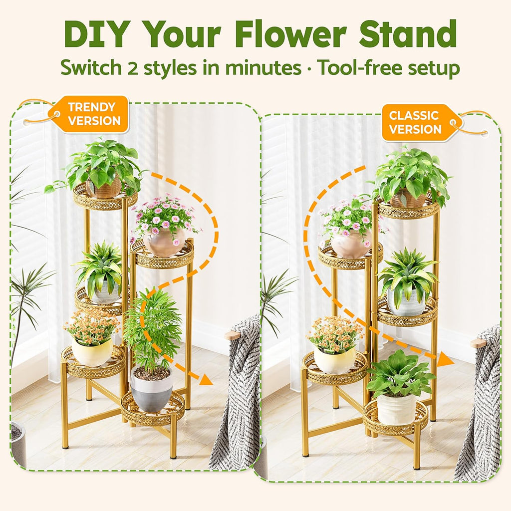 Gold Plant Stand Indoor Outdoor, Corner Metal Flower Pot Stands for Multiple Plants, 5 Tier Heavy Duty Plant Shelf for Patio Garden Balcony Living Room Bedroom - GoldWave