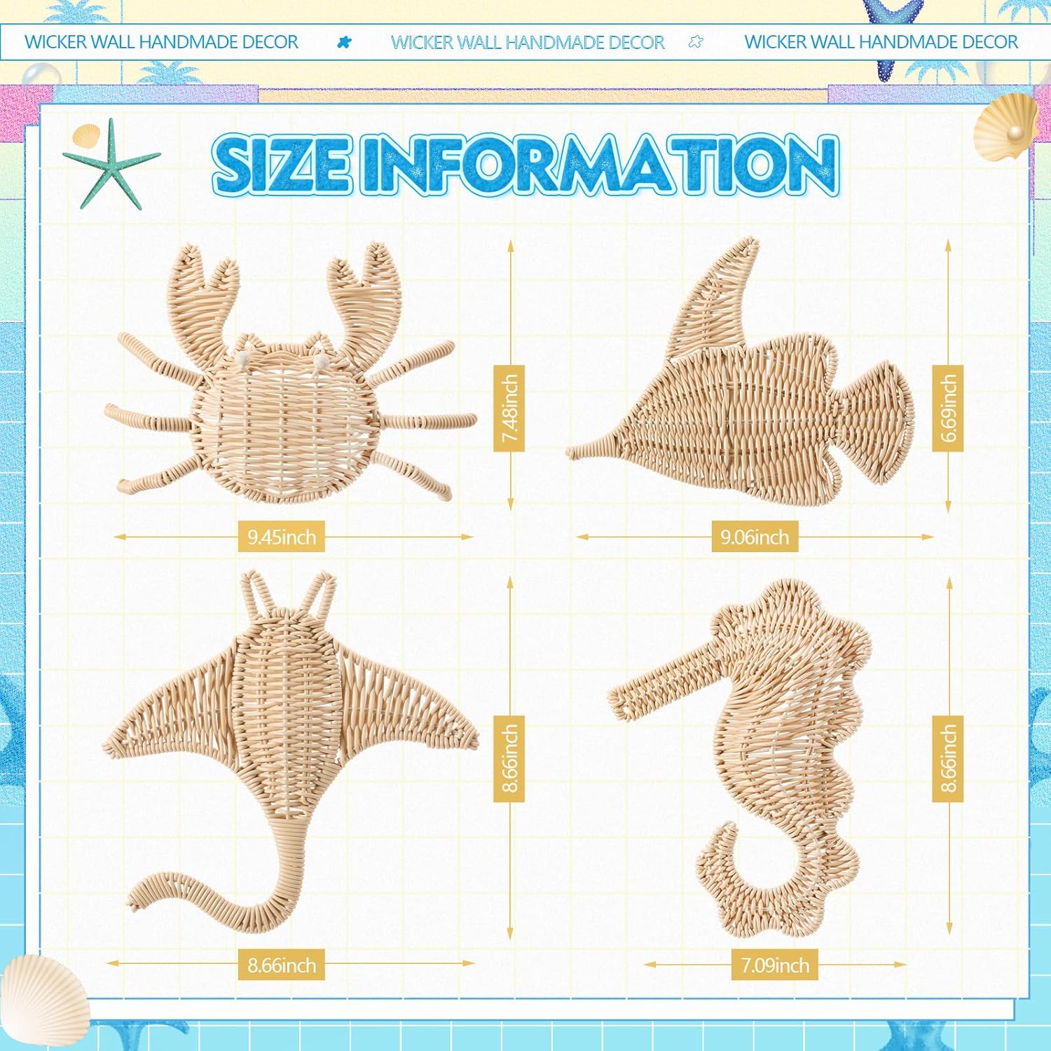 Wesiti 4 Pcs Wicker Sea Wall Decor Fish Stingray Crab Seahorse Hanging Decors Handmade Wicker Beach Ocean Theme Ornaments Coastal Nautical Sculpture for Boho Bathroom Indoor Outdoor Wall Art