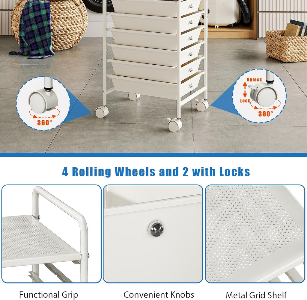 6-Tier Utility Cart with 6 Drawers, Rolling Utility Cart with 2 Lockable Caster Wheels, Multipurpose Mobile Rolling Drawer Cart for Office Bathroom Kitchen, Ivory White