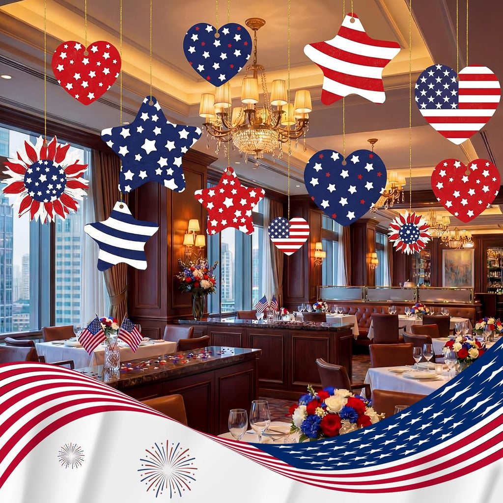RattanView 12 Pcs Large Outdoor 4th of July Hanging Decor Patriotic Tree Ornaments 12'' and 10'' Red White Blue Plastic Tags with String Lawn Yard Garden for Independence Day 250th Anniversary Decor