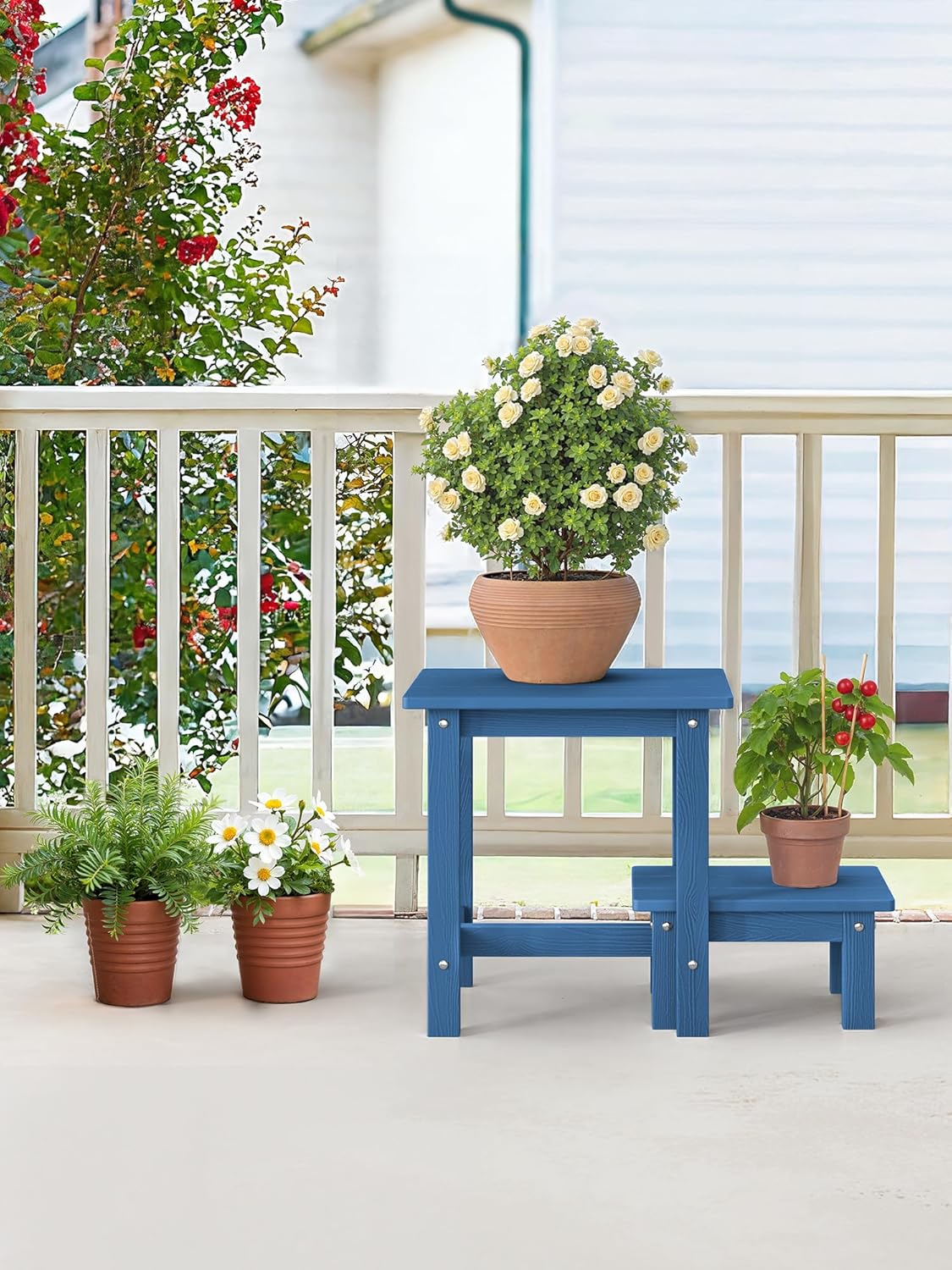 LUE BONA Outdoor Side Table, 2-Tier HDPS Outdoor Nesting End Table with Removable Small Foot Stool for Patio, Deck, Poolside, Low Maintenance & Weather Resistant, Navy