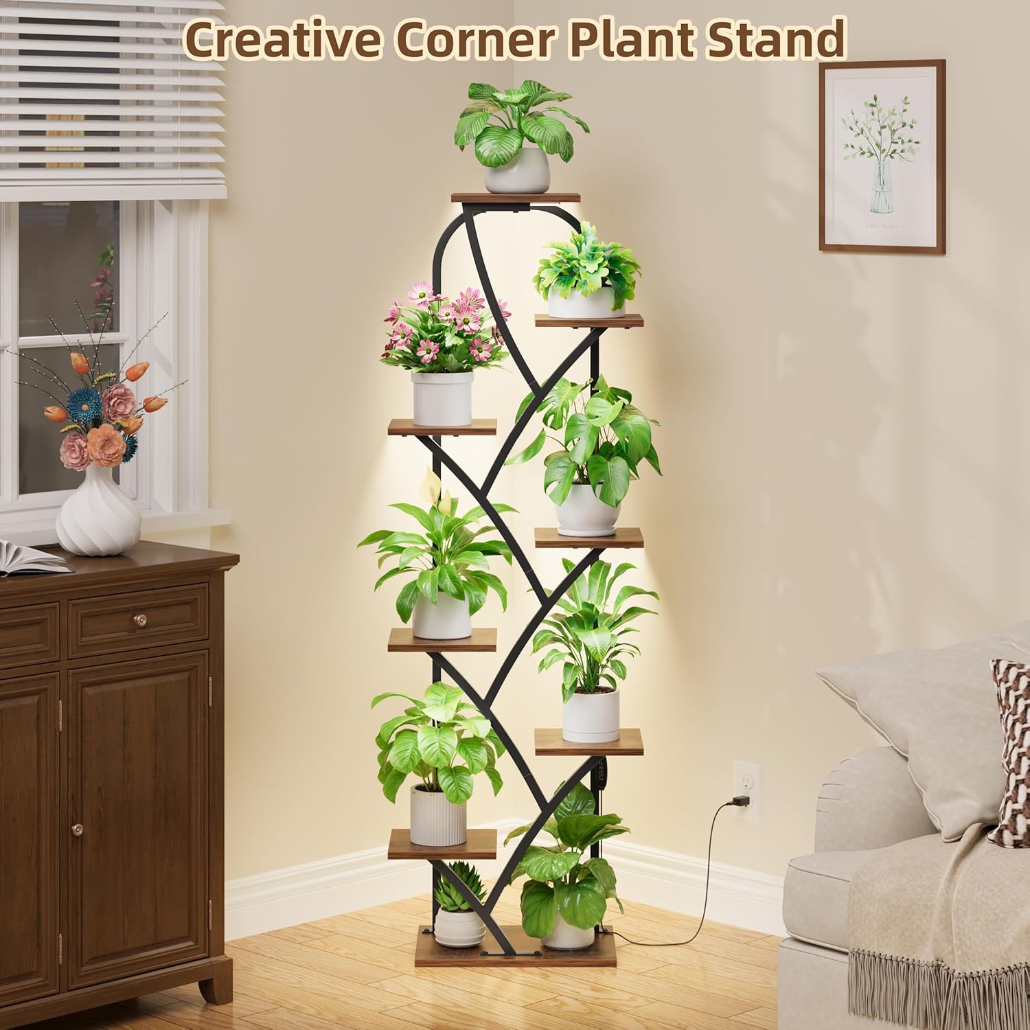 Plant Stand Indoor With Grow Lights - Tall Plant Stand For Indoor Plants, 59.5" Lighted Corner Plant Shelf Indoor, 8 Tiered Flower Holder, Dsiplay Rack For Living Room, Hallway, Home
