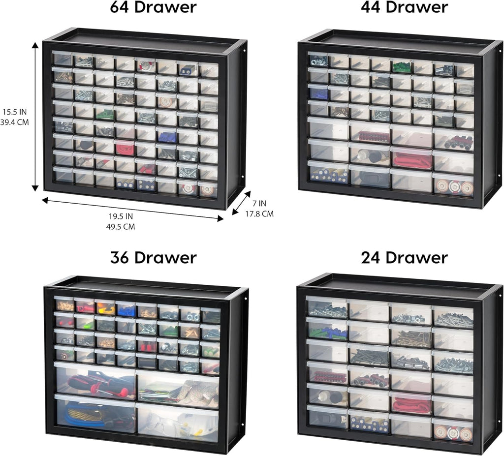 IRIS USA 44-Drawer Small Parts Organizer, Made in USA, Storage Drawers for Screws, Nuts, Bolts, Electronics, Hardware, Beads, Crafts, Building Bricks, Stackable Garage Storage Cabinet, Black