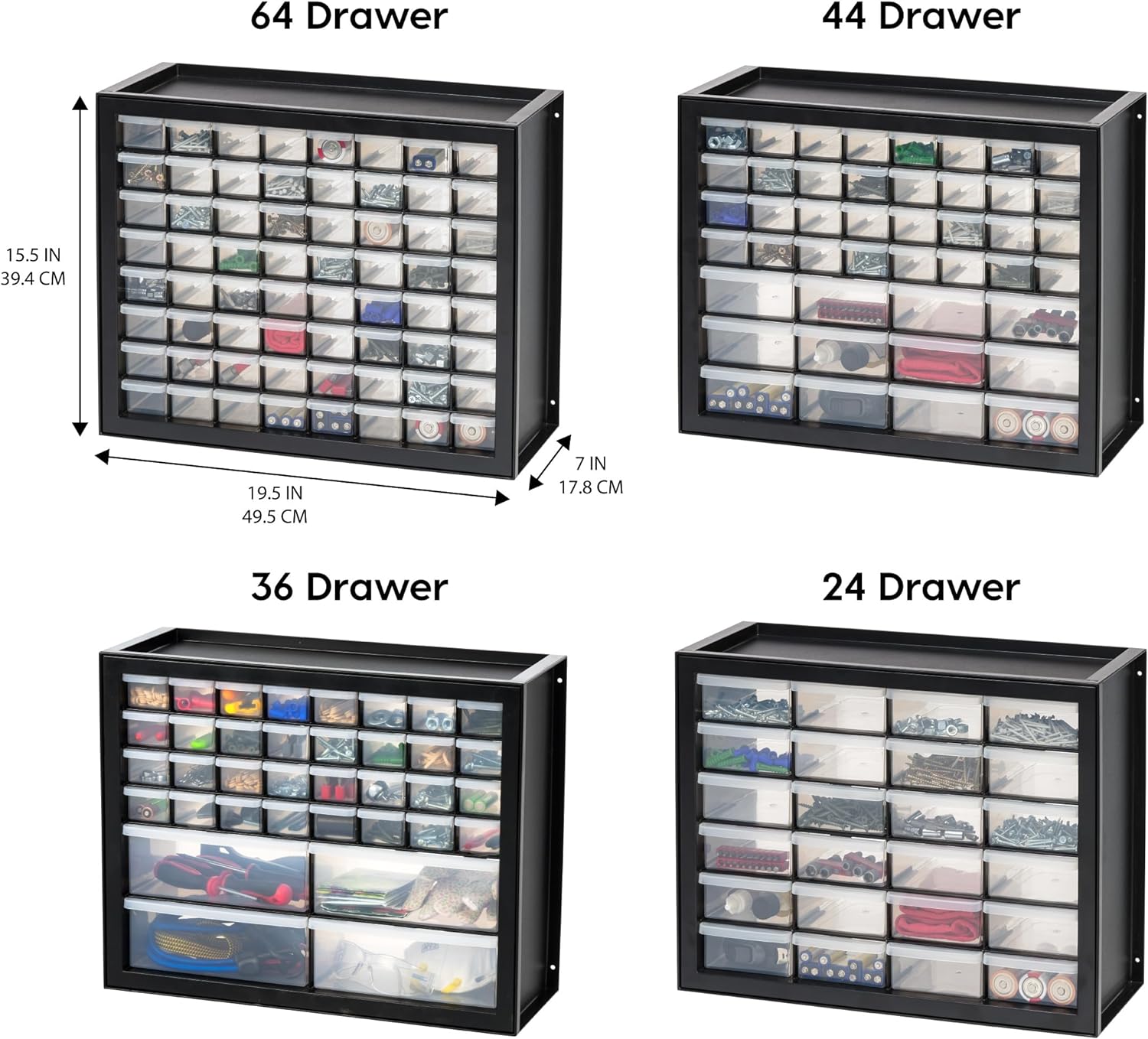 IRIS USA 44-Drawer Small Parts Organizer, Made in USA, Storage Drawers for Screws, Nuts, Bolts, Electronics, Hardware, Beads, Crafts, Building Bricks, Stackable Garage Storage Cabinet, Black