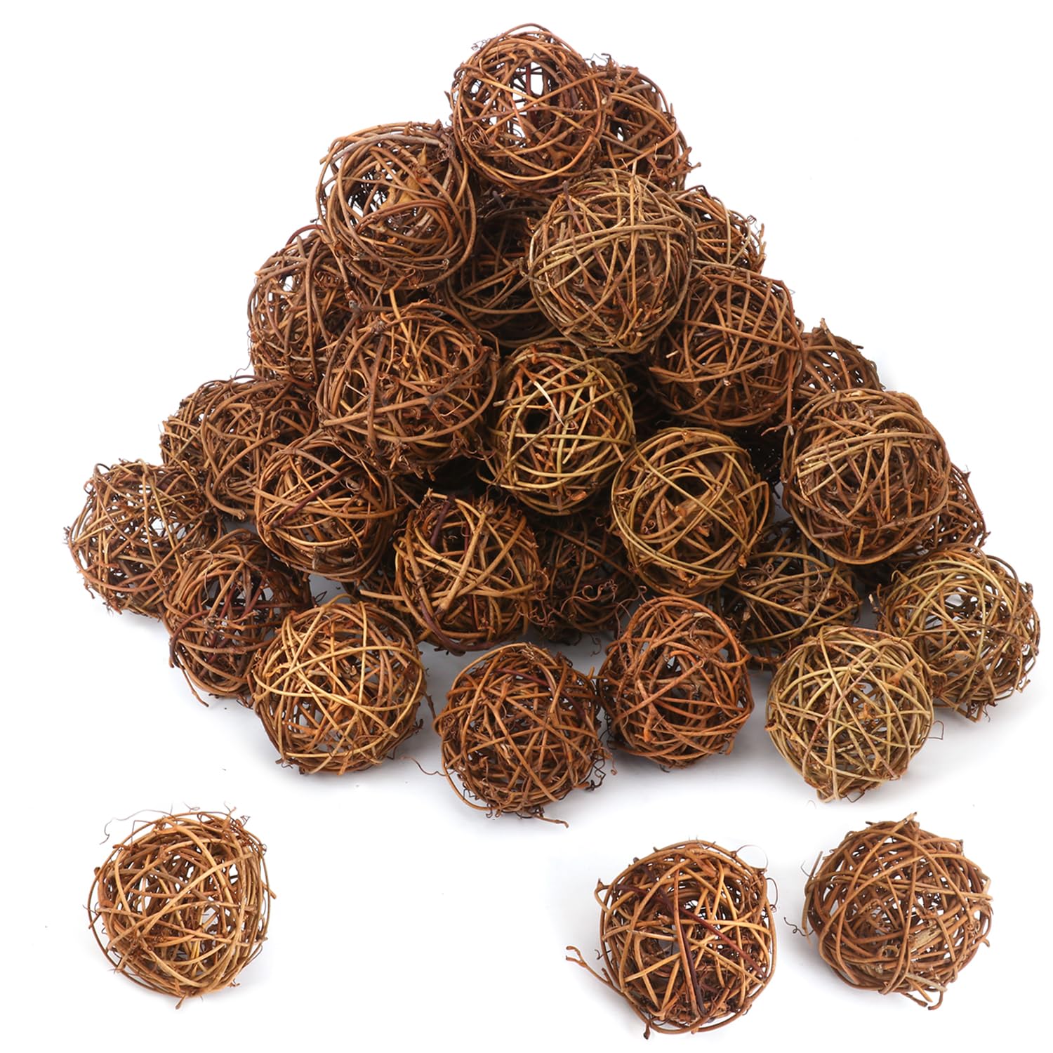 120 PCS 3-Colors 1.2 inch Natural Decorative Wicker Rattan Balls, Mini Hanging Rattan Balls Vase Fillers for Christmas, Ornaments DIY, Parrot and Party Decorations