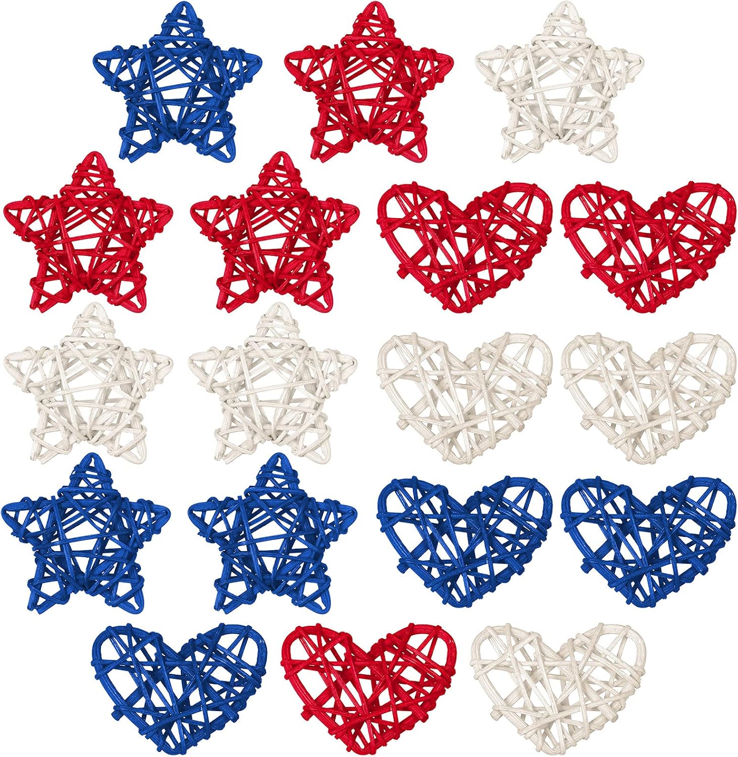 18 Piece 4th of July Star Shaped Rattan Heart Wicker Balls Decoration, Red Blue White Rattan Balls for Patriotic Labor Day Independence Day Home Decor DIY Ornament Wedding Table Decor, 2.36 Inch