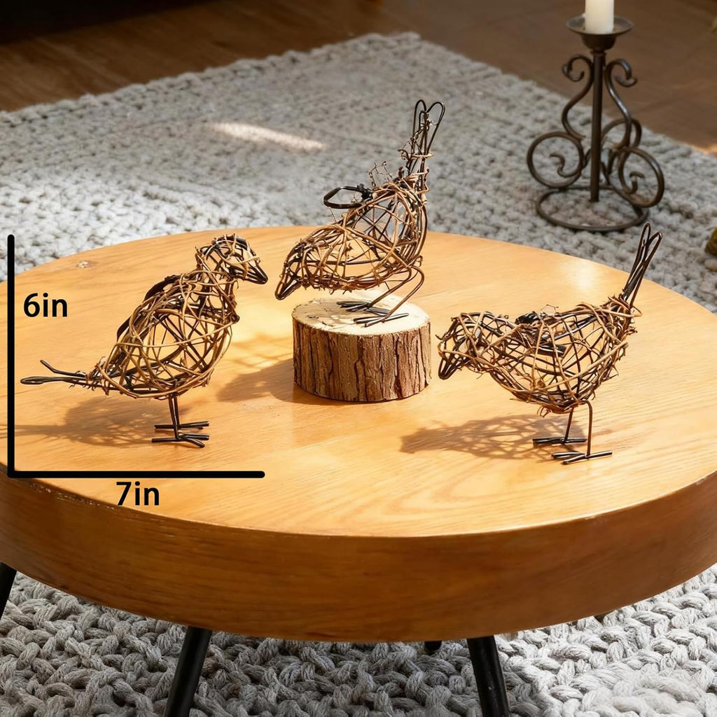 3-Piece Rattan Bird Statue Set - Handwoven Farmhouse Bird Decor for Home, Mantel Decor, Living Room Shelf and Kitchen Table Accents