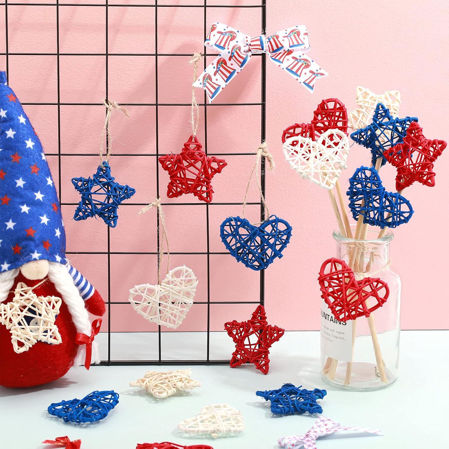 18 Piece 4th of July Star Shaped Rattan Heart Wicker Balls Decoration, Red Blue White Rattan Balls for Patriotic Labor Day Independence Day Home Decor DIY Ornament Wedding Table Decor, 2.36 Inch