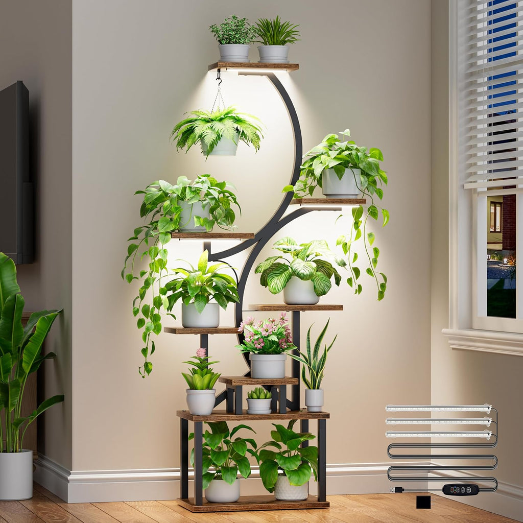 Plant Stand with Grow Lights for Indoor Plants, 8-Tiered Tall Corner Plant Shelf with Full Spectrum Light, S-Shaped Space-Saving Narrow Flower Holder, Anti-Tip for Living Room Bedroom Office, Brown