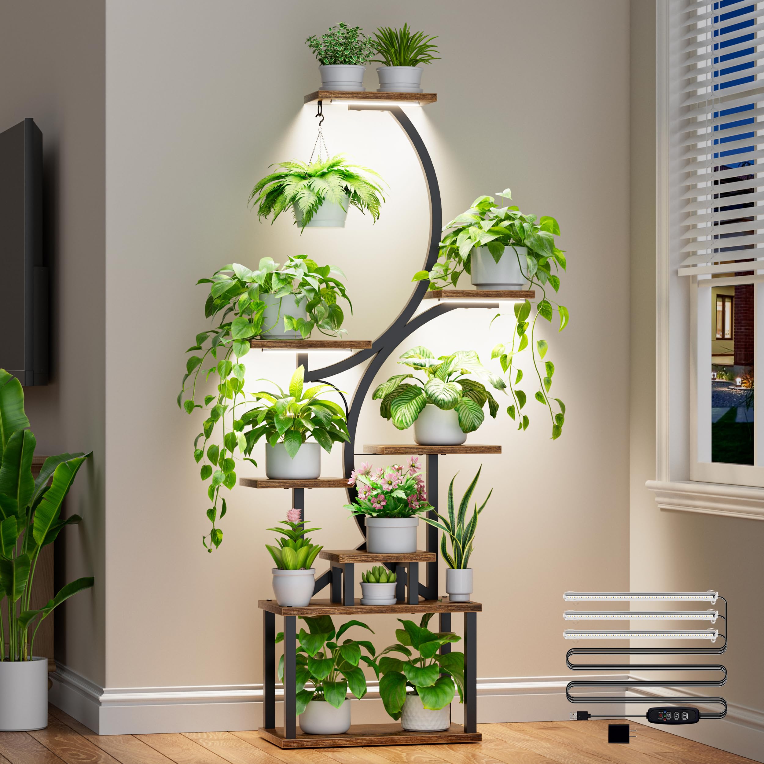 Plant Stand with Grow Lights for Indoor Plants, 8-Tiered Tall Corner Plant Shelf with Full Spectrum Light, S-Shaped Space-Saving Narrow Flower Holder, Anti-Tip for Living Room Bedroom Office, Brown