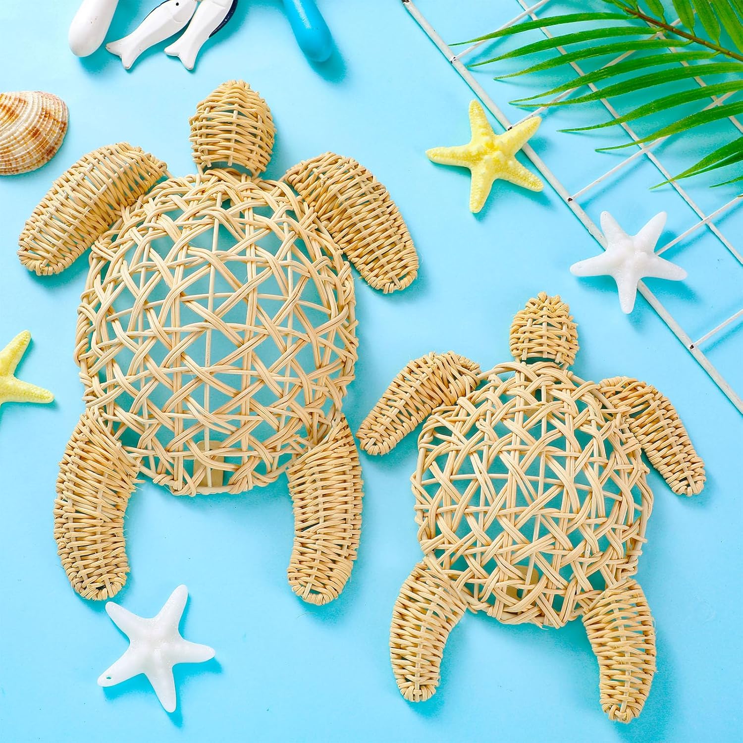 Yousoontic 2 Pcs Semi Stereo Wicker Sea Turtle Wall Decor Coastal Beach Boho Handmade Wicker 2 Size Boho Sea Turtle Hanging Ornaments Rattan Coastal Nautical Sculpture for Bathroom Indoor Outdoor Home