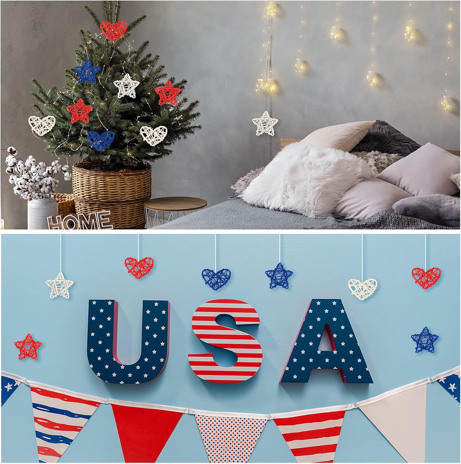 18 Piece 4th of July Star Shaped Rattan Heart Wicker Balls Decoration, Red Blue White Rattan Balls for Patriotic Labor Day Independence Day Home Decor DIY Ornament Wedding Table Decor, 2.36 Inch