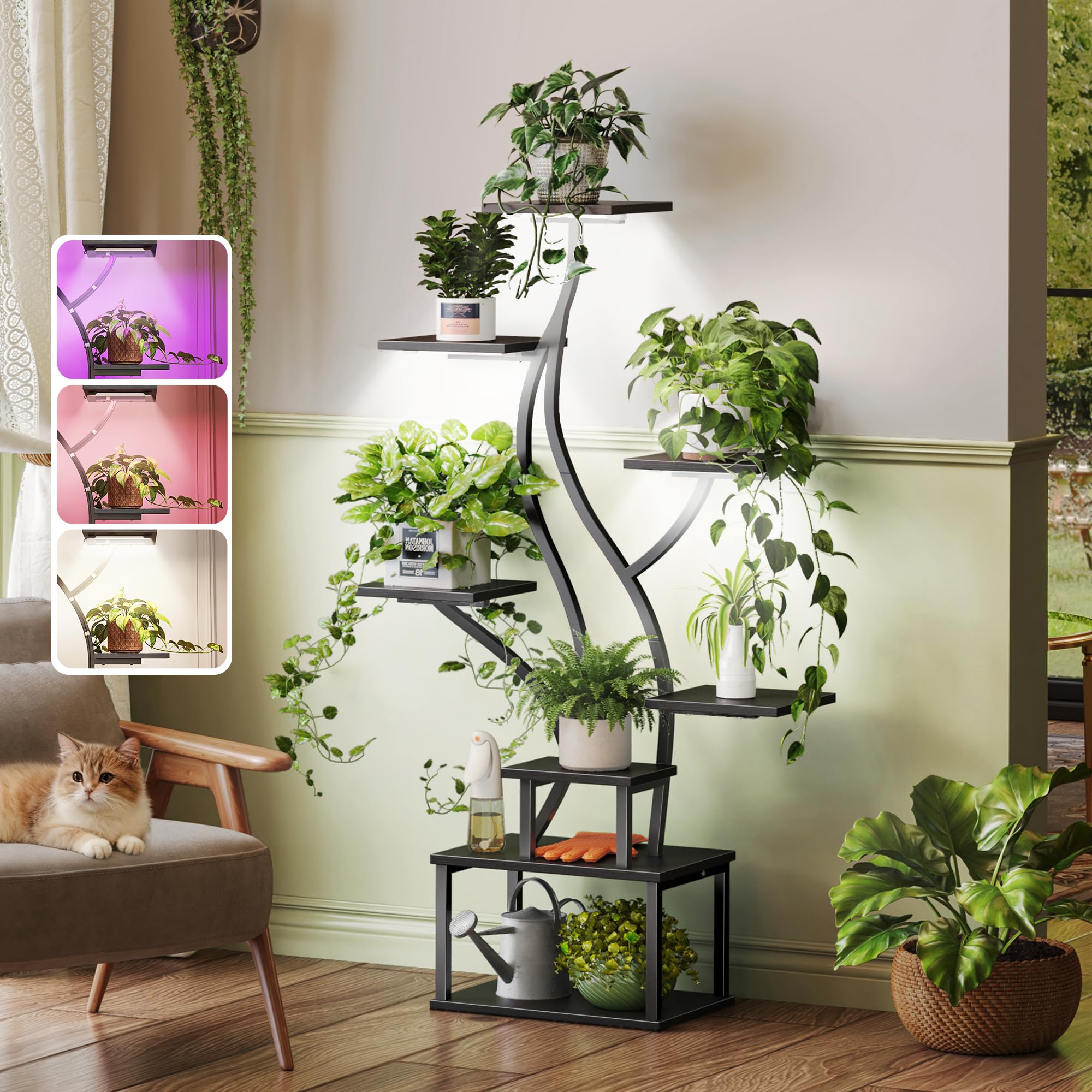 PRAISUN 51.3 Inch Plant Stand with Grow Light, 6 Tiered Indoor Plant Shelf with Larger Flower Holder, Pine-Shaped Stand, 3 Light Modes, Open Base, Corner Plant Rack for Living Room, Rustic Brown