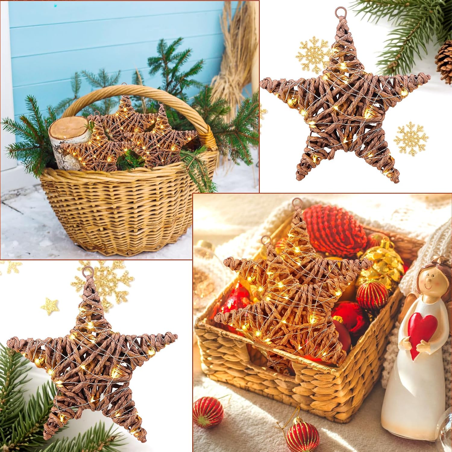 AceOrbit 3 Pack Christmas Rattan Star Ornaments Rattan Star with LED Lighted Hanging Tree Ornaments Natural Brown Table Centerpiece for Xmas Tree Party Wedding Pentagram Home Decoration, 7.87 Inch