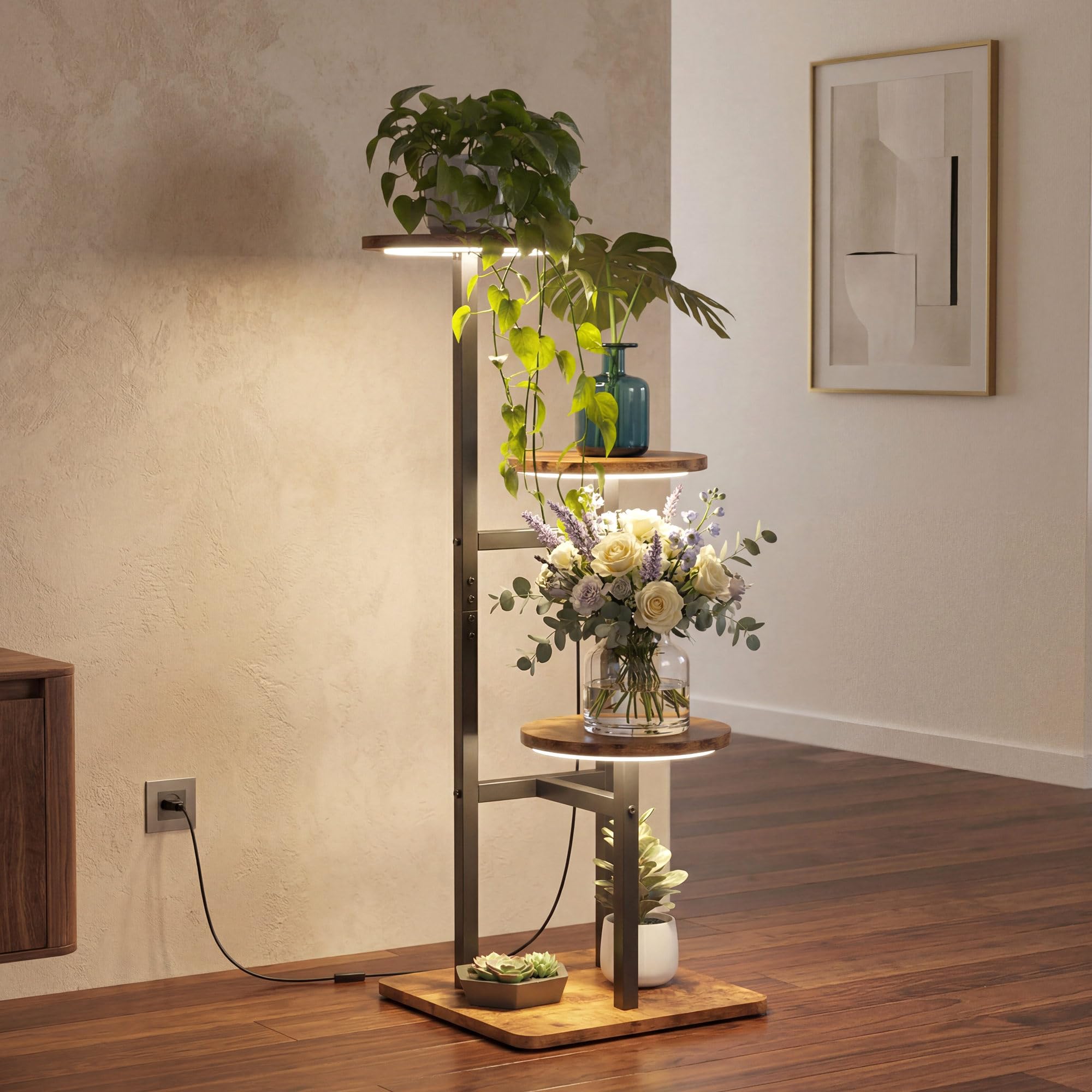 4 Tier Plant Stand Indoor with Grow Light, Tiered Plant Stands for Indoor Plants Multiple, Corner Flower Stand for Living Room, Multi-Layer Vintage Design Plant Shelf