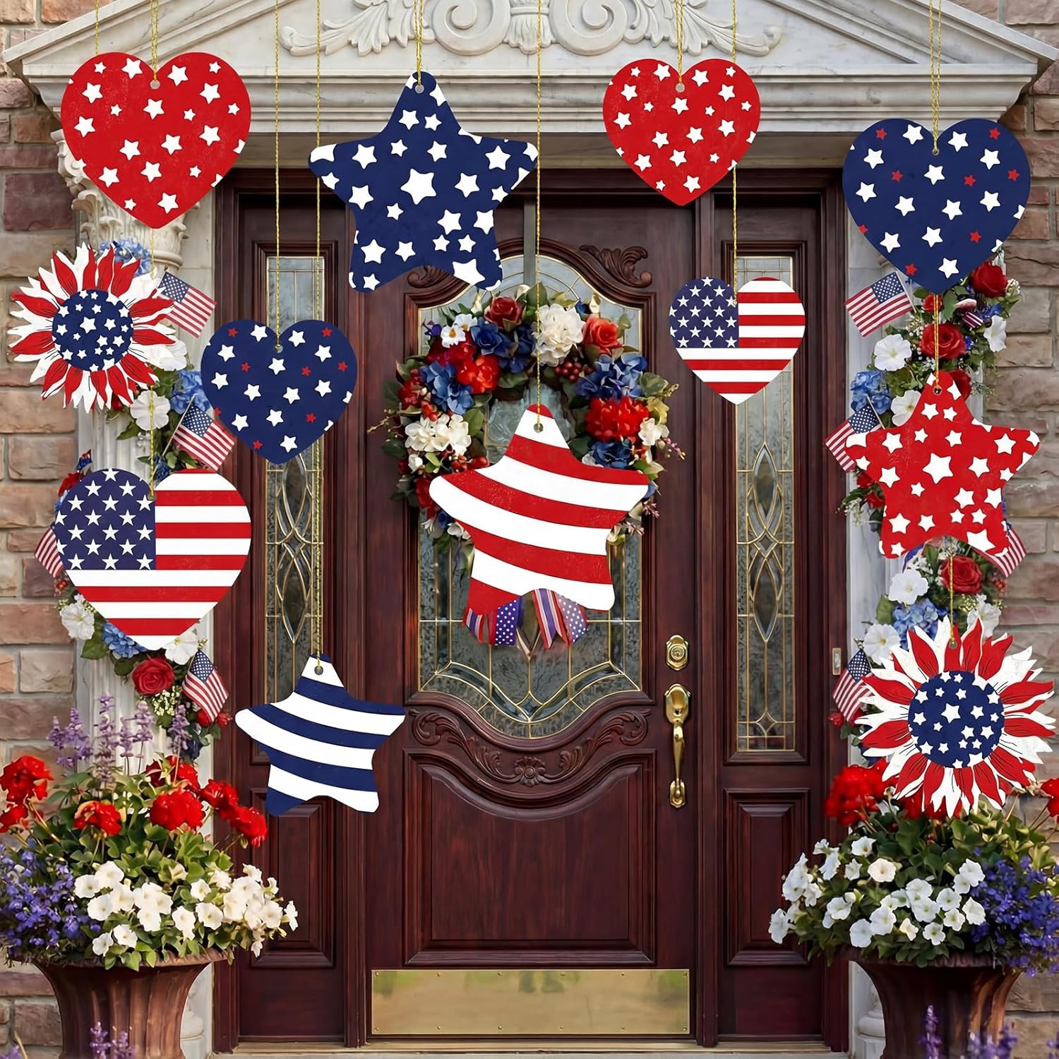RattanView 12 Pcs Large Outdoor 4th of July Hanging Decor Patriotic Tree Ornaments 12'' and 10'' Red White Blue Plastic Tags with String Lawn Yard Garden for Independence Day 250th Anniversary Decor