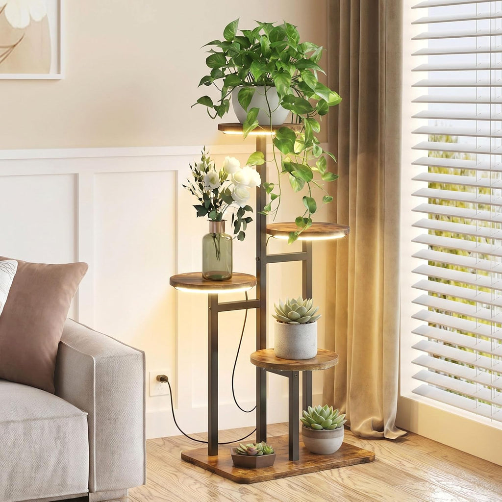 4 Tier Plant Stand Indoor with Grow Light, Tiered Plant Stands for Indoor Plants Multiple, Corner Flower Stand for Living Room, Multi-Layer Vintage Design Plant Shelf