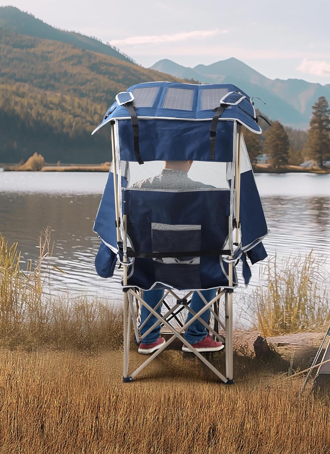 Nice C Chair with Canopy, Umbrella Chair, Chairs with Shade, 30W Solar Panels, Sports Chairs with Removable Footrest, Cooler Bag, USB, Type-C&DC Charging Cable Included (1 Navy)