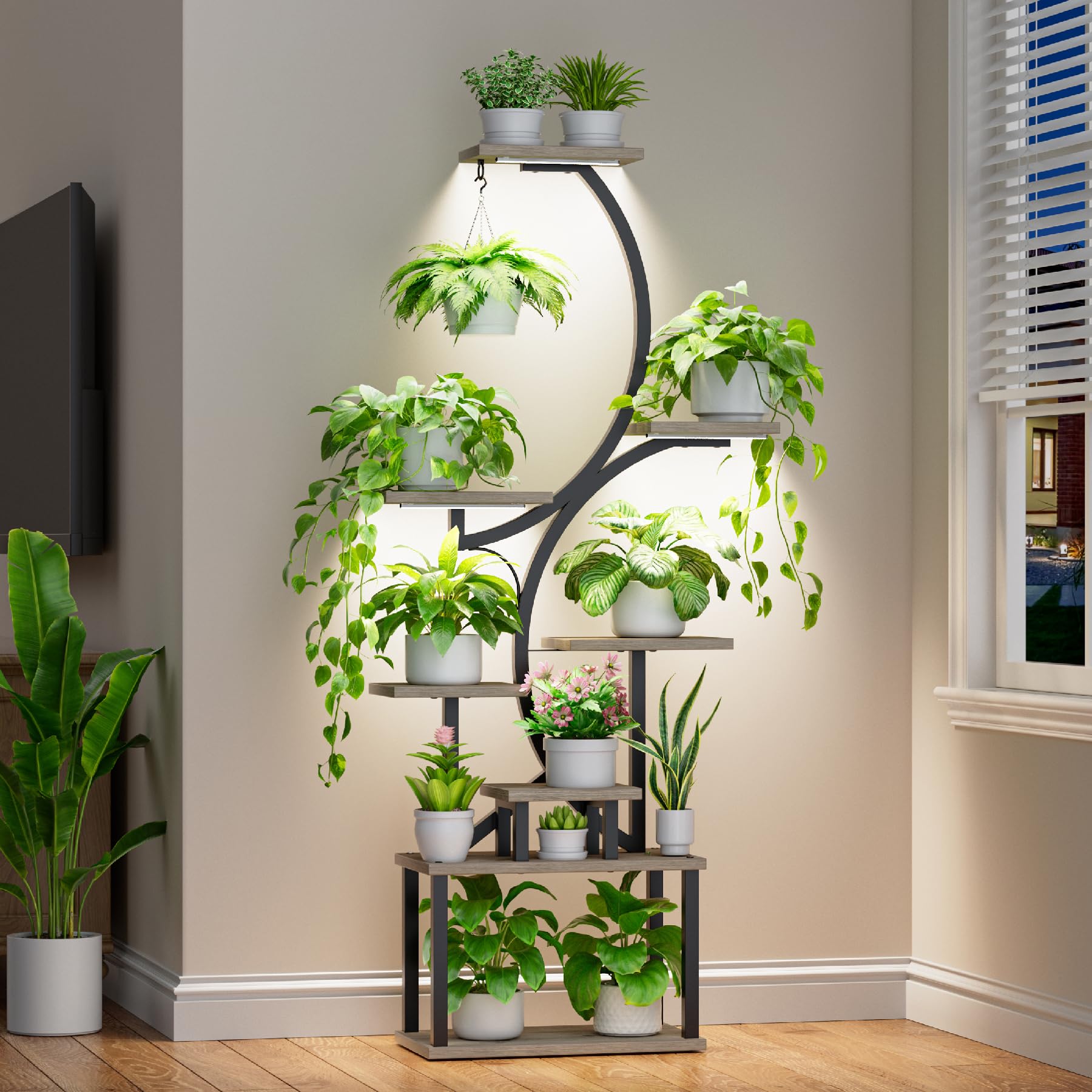 Plant Stand with Grow Lights for Indoor Plants, 8-Tiered Tall Corner Plant Shelf with Full Spectrum Light, S-Shaped Space-Saving Narrow Flower Holder, Anti-Tip for Living Room Bedroom Office, Brown