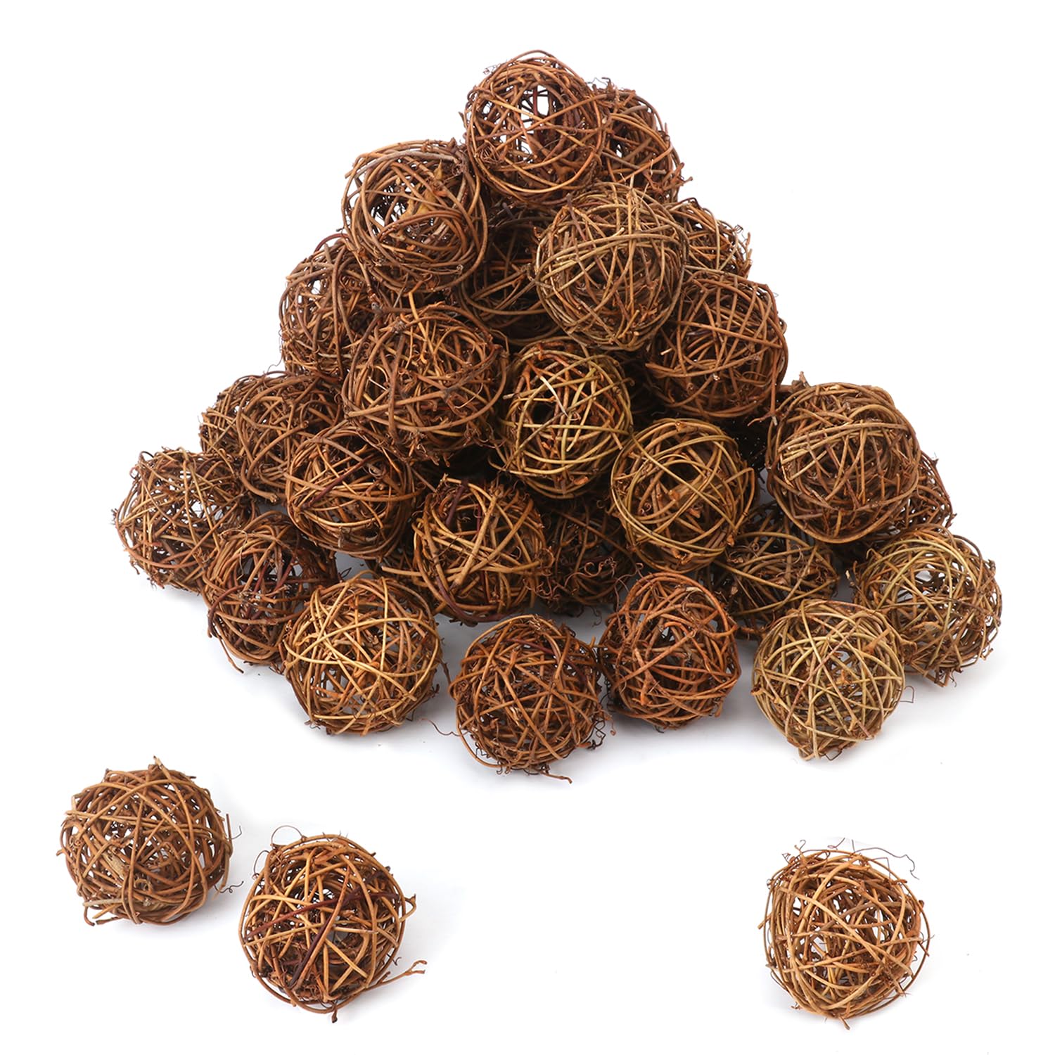 120 PCS 3-Colors 1.2 inch Natural Decorative Wicker Rattan Balls, Mini Hanging Rattan Balls Vase Fillers for Christmas, Ornaments DIY, Parrot and Party Decorations