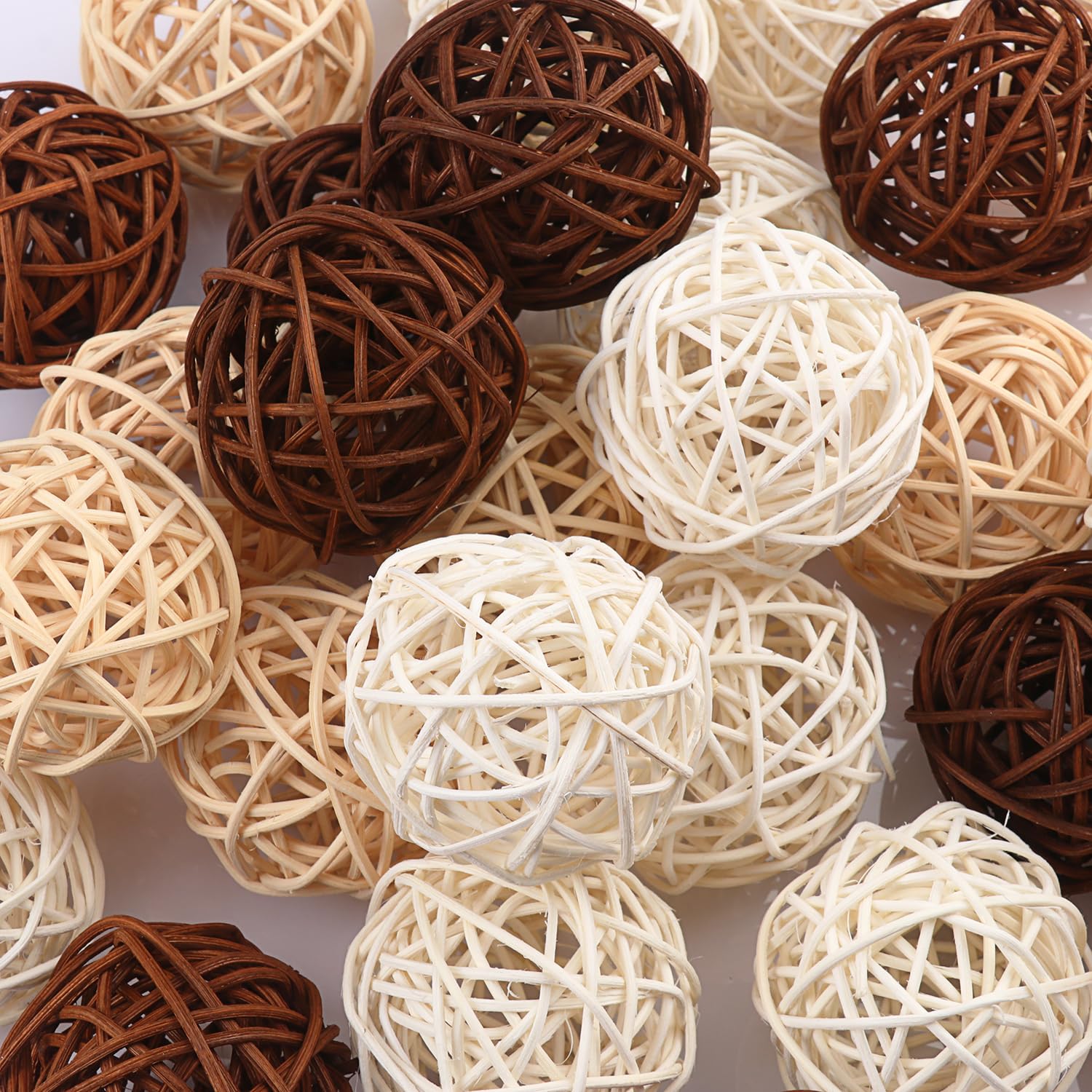120 PCS 3-Colors 1.2 inch Natural Decorative Wicker Rattan Balls, Mini Hanging Rattan Balls Vase Fillers for Christmas, Ornaments DIY, Parrot and Party Decorations