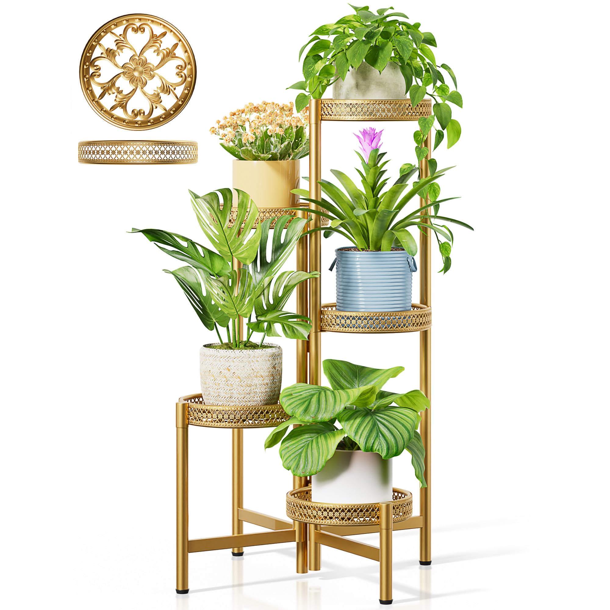 Gold Plant Stand Indoor Outdoor, Corner Metal Flower Pot Stands for Multiple Plants, 5 Tier Heavy Duty Plant Shelf for Patio Garden Balcony Living Room Bedroom - GoldWave