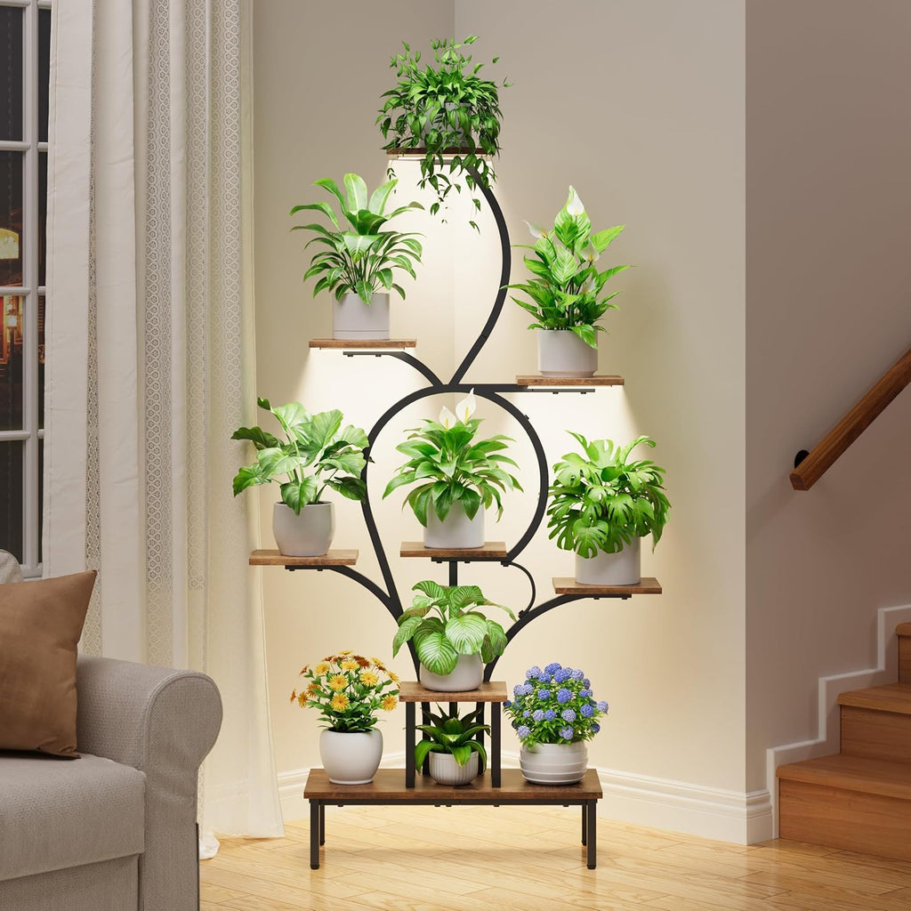 POZILAN 9-Tier Tall Plant Stand Indoor with Grow Lights, Metal & Wood Corner Plant Shelf for Living Room Balcony, 63" Tiered Display Rack for Heavy Pots, S-Shaped Modern Flower Holder, Black