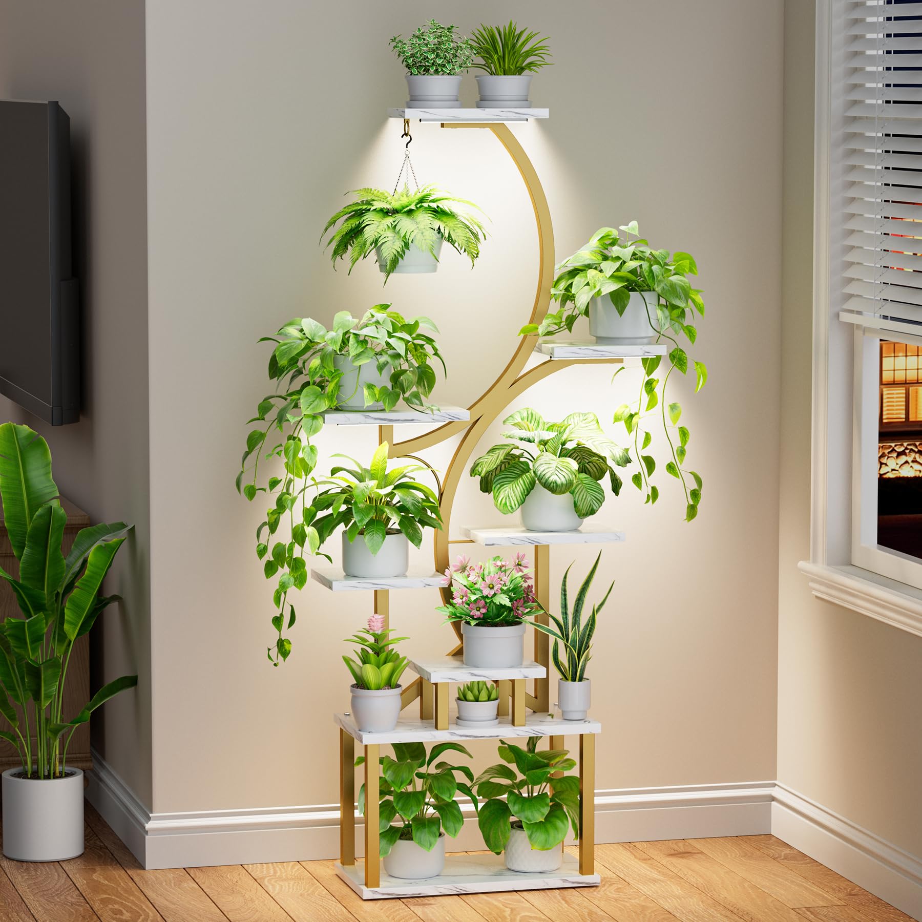 Plant Stand with Grow Lights for Indoor Plants, 8-Tiered Tall Corner Plant Shelf with Full Spectrum Light, S-Shaped Space-Saving Narrow Flower Holder, Anti-Tip for Living Room Bedroom Office, Brown