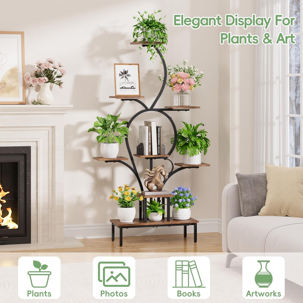 POZILAN 9-Tier Tall Plant Stand Indoor with Grow Lights, Metal & Wood Corner Plant Shelf for Living Room Balcony, 63" Tiered Display Rack for Heavy Pots, S-Shaped Modern Flower Holder, Black