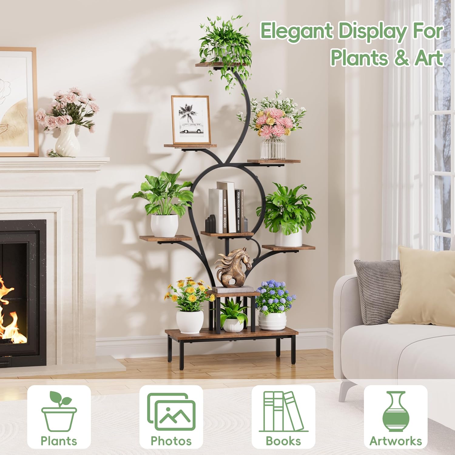 POZILAN 9-Tier Tall Plant Stand Indoor with Grow Lights, Metal & Wood Corner Plant Shelf for Living Room Balcony, 63" Tiered Display Rack for Heavy Pots, S-Shaped Modern Flower Holder, Black