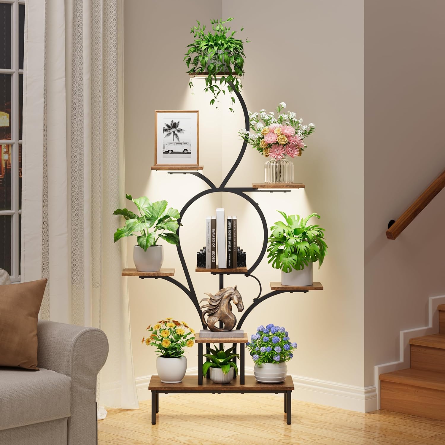 POZILAN 9-Tier Tall Plant Stand Indoor with Grow Lights, Metal & Wood Corner Plant Shelf for Living Room Balcony, 63" Tiered Display Rack for Heavy Pots, S-Shaped Modern Flower Holder, Black