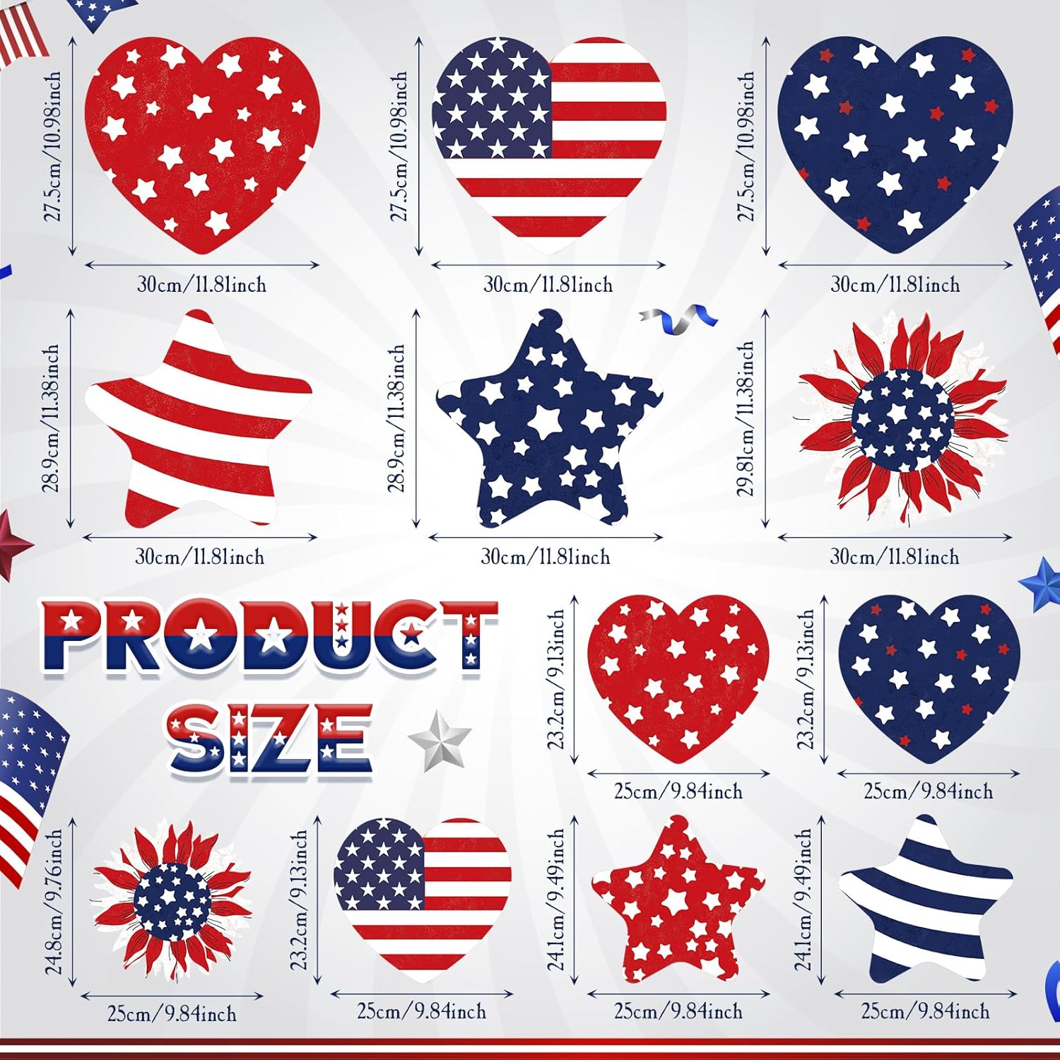 RattanView 12 Pcs Large Outdoor 4th of July Hanging Decor Patriotic Tree Ornaments 12'' and 10'' Red White Blue Plastic Tags with String Lawn Yard Garden for Independence Day 250th Anniversary Decor