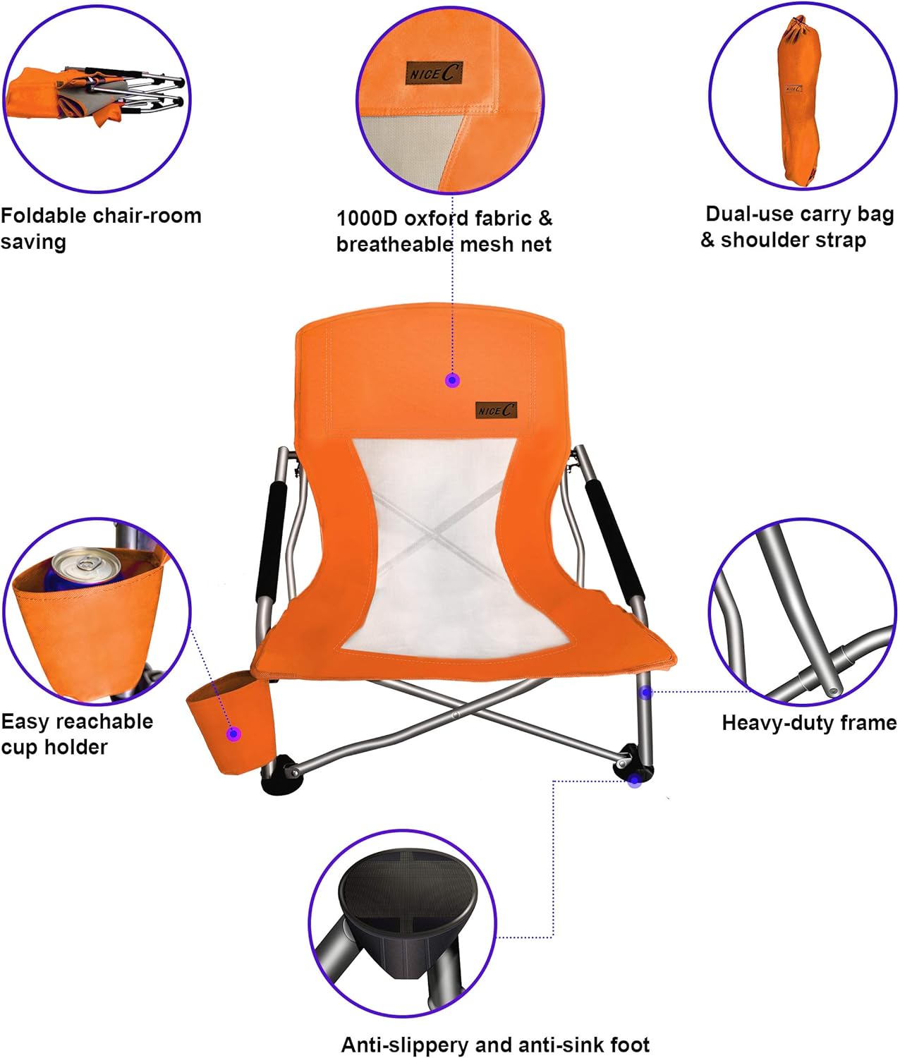 Nice C Low Beach Camping Folding Chair, Compact Backpacking River Sand Chair,Sillas De Playa, with Cup Holder, Carry Bag, Heavy Duty Outdoor, Camping, Beach, Travel, Picnic, Festival (2 Pack Orange)