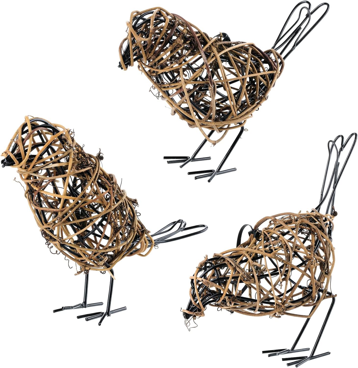 3-Piece Rattan Bird Statue Set - Handwoven Farmhouse Bird Decor for Home, Mantel Decor, Living Room Shelf and Kitchen Table Accents