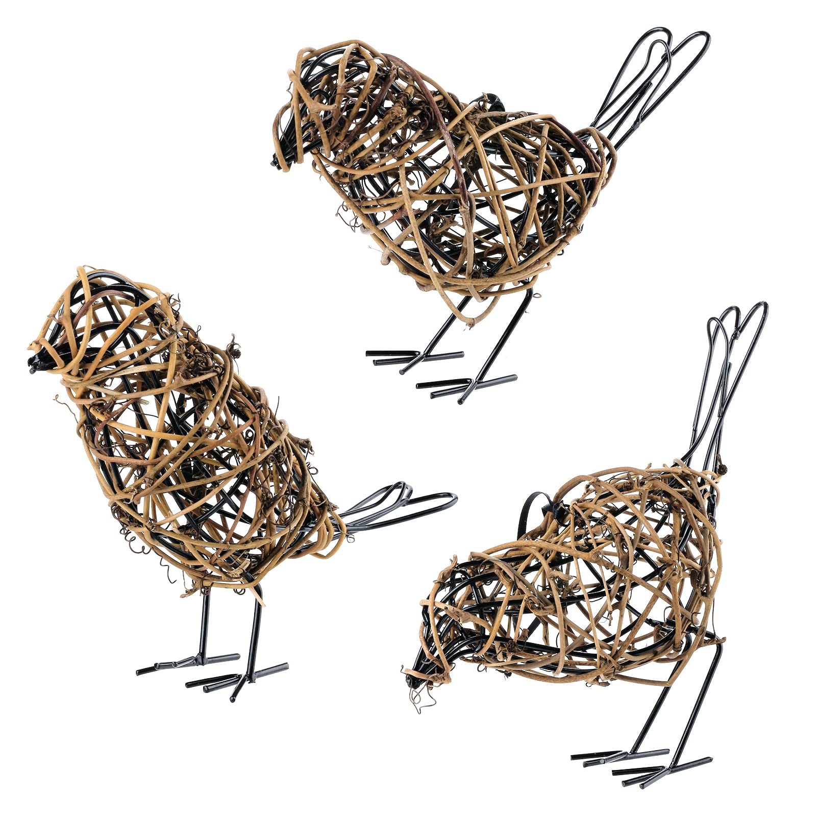 3-Piece Rattan Bird Statue Set - Handwoven Farmhouse Bird Decor for Home, Mantel Decor, Living Room Shelf and Kitchen Table Accents