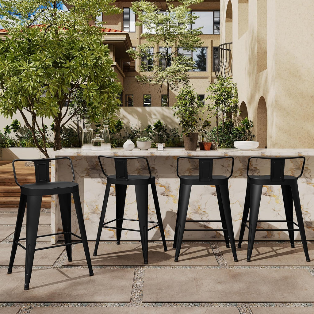 Alunaune 26inch Outdoor Metal Bar Stools Set of 4 Patio Stool Counter Height Barstools Large Seat Industrial Counter Stool Kitchen Bar Chairs Indoor-Low Back, Black