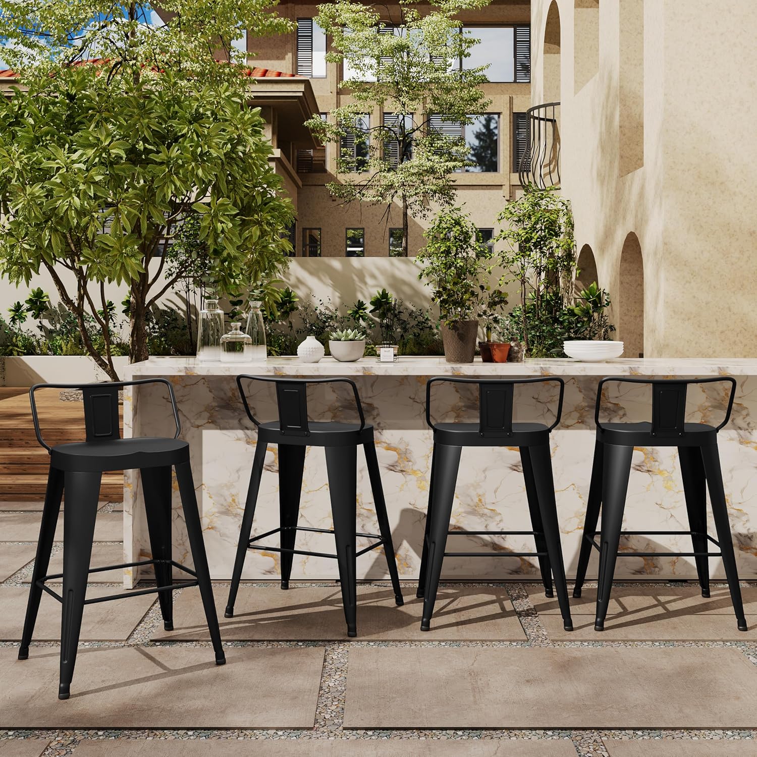 Alunaune 26inch Outdoor Metal Bar Stools Set of 4 Patio Stool Counter Height Barstools Large Seat Industrial Counter Stool Kitchen Bar Chairs Indoor-Low Back, Black